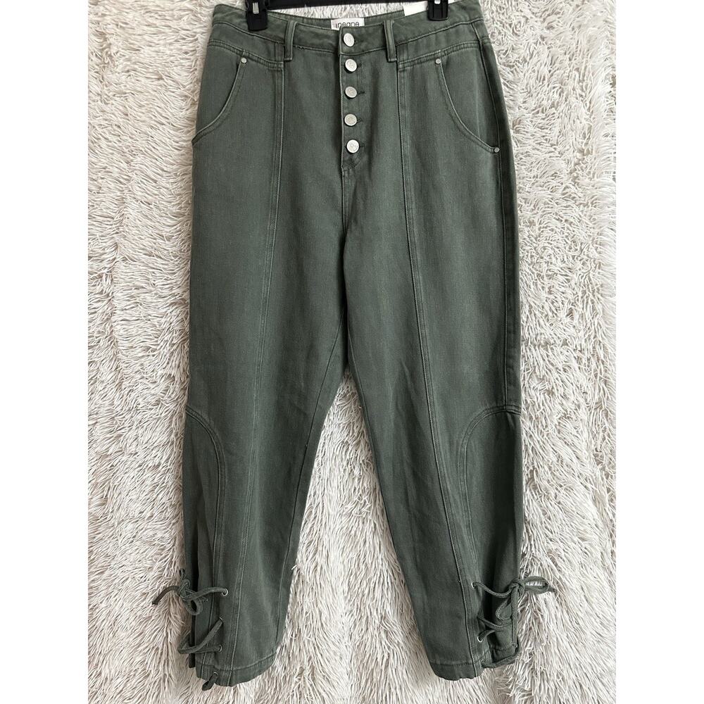 New INSANE GENE Sz 11/29 Green Denim Jeans Button Fly Relaxed 27.5” Ins Womens